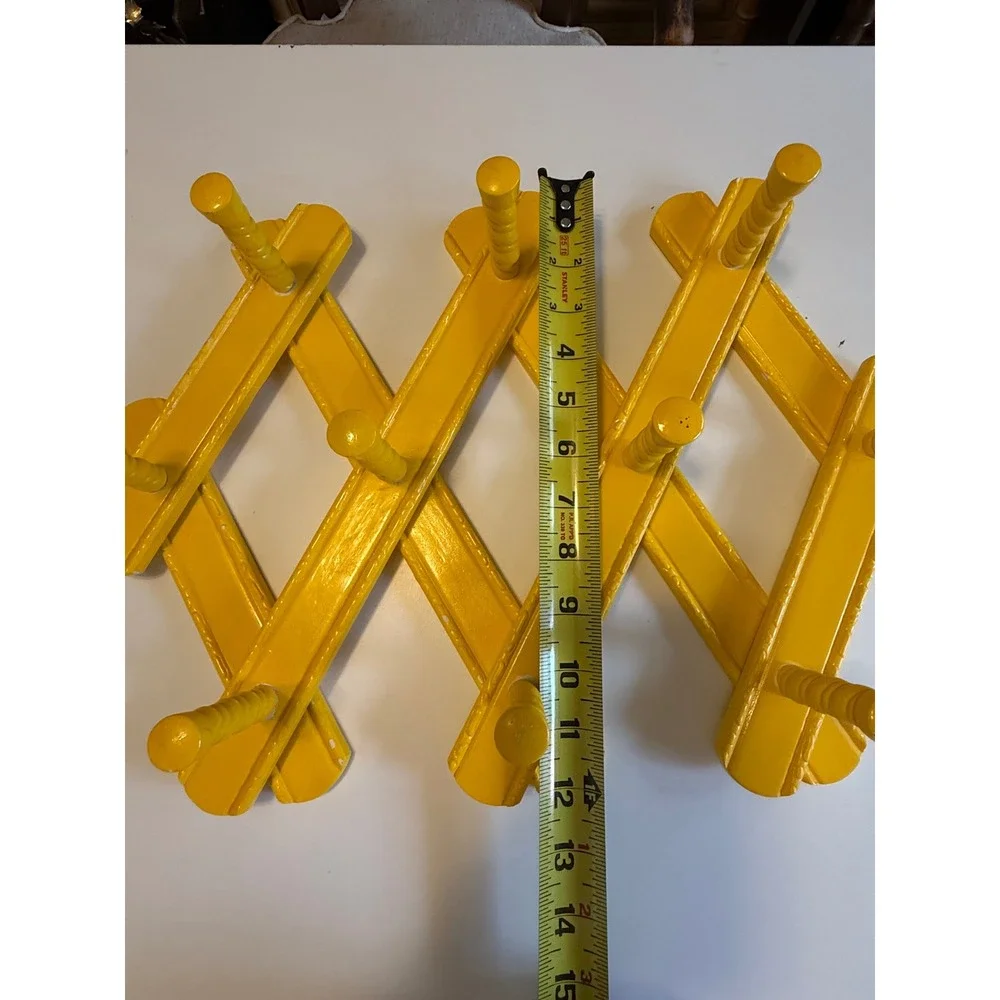 Vintage Yellow Accordion Wall Rack Expandable Wood 10 Peg Coat Hat Hangar